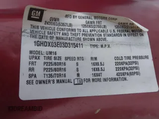 2003 Oldsmobile Silhouette GL z VIN 1GHDX03E03D315411, wystawiony jako IAAI lot #41228136 z przebiegiem 208 954 mil mil oraz . Historia ofert i sprzedaży dostępna na DreamBid. Obrazek 9.
