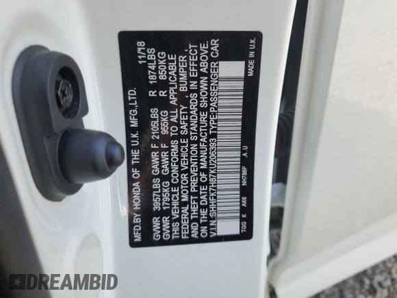 2019 Honda Civic EX-L z VIN SHHFK7H87KU206393, wystawiony jako Copart lot #52809495 z przebiegiem 86 448 mil mil oraz Nie do naprawy • Non repairable. Historia ofert i sprzedaży dostępna na DreamBid. Obrazek 14.