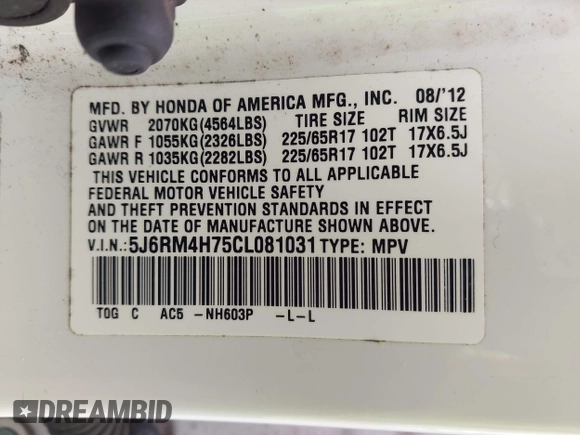 2012 Honda CR-V EX-L with VIN 5J6RM4H75CL081031, listed as a IAAI auction lot 42353331 with 203,769 mi miles and . Bid and sale history available at DreamBid. Image 9.