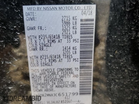 2018 Nissan Pathfinder SV with VIN 5N1DR2MNXJC651799, listed as a Copart auction lot 49705995 with 63,051 mi miles and Salvage Title. Bid and sale history available at carsss.com. Image 13.