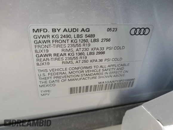 2023 Audi Q5 S line Premium z VIN WA1GAAFY3P2155990, wystawiony jako Copart lot #42785974 z przebiegiem Nie podano mil oraz Szkoda całkowita • Salvage title. Historia ofert i sprzedaży dostępna na DreamBid. Obrazek 13.