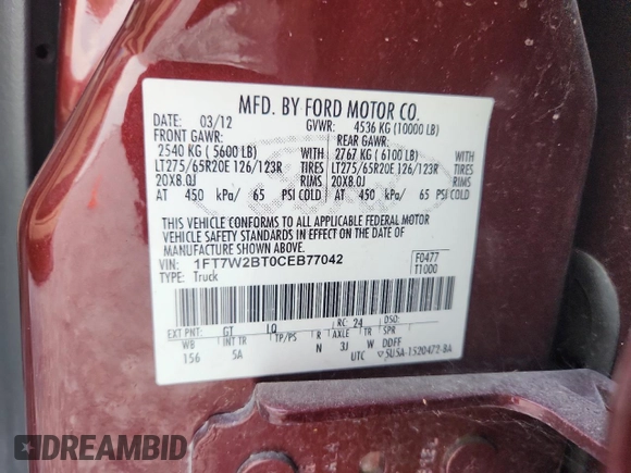 2012 Ford F-250 XL z VIN 1FT7W2BT0CEB77042, wystawiony jako Copart lot #57882195 z przebiegiem 141 574 mil mil oraz Szkoda całkowita • Salvage title. Historia ofert i sprzedaży dostępna na DreamBid. Obrazek 12.