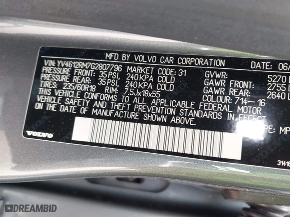 2016 Volvo XC60 T5 Platinum with VIN YV4612RM7G2807796, listed as a IAAI auction lot 41920432 with 139,003 mi miles. Bid and sale history available at carsss.com. Image 9.