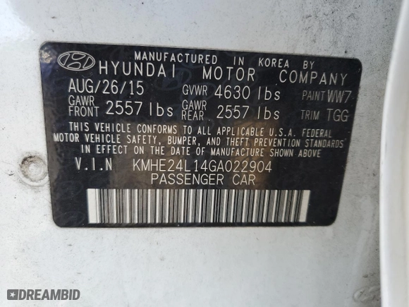 2016 Hyundai Sonata Hybrid SE with VIN KMHE24L14GA022904, listed as a Copart auction lot 53036825 with 115,960 mi miles and Clean Title. Bid and sale history available at carsss.com. Image 12.
