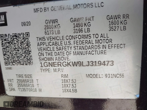 2020 Chevrolet Traverse LT Cloth with VIN 1GNERGKW9LJ319473, listed as a IAAI auction lot 41859216 with 63,159 mi miles. Bid and sale history available at carsss.com. Image 9.