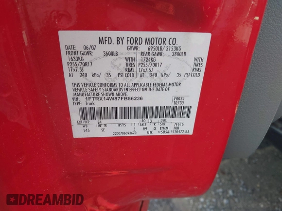 2007 Ford F-150 STX with VIN 1FTRX14W87FB56236, listed as a IAAI auction lot 42514382 with 138,048 mi miles and . Bid and sale history available at DreamBid. Image 9.