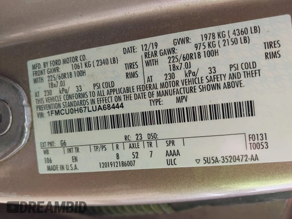 2020 Ford Escape SEL with VIN 1FMCU0H67LUA68444, listed as a IAAI auction lot 42369789 with Not provided miles and . Bid and sale history available at DreamBid. Image 9.