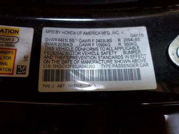2018 Honda Accord Touring z VIN 1HGCV2F93JA040263, wystawiony jako Copart lot #89186765 z przebiegiem 95 110 mil mil oraz Nie do naprawy • Non repairable. Historia ofert i sprzedaży dostępna na DreamBid. Obrazek 14.