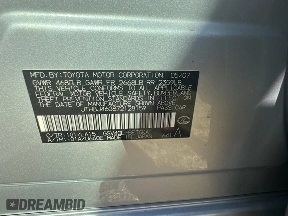 2007 Lexus ES 330 with VIN JTHBJ46G872128159, listed as a Copart auction lot 83068574 with 225,302 mi miles and Clean Title. Bid and sale history available at DreamBid. Image 10.