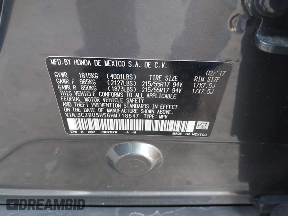 2017 Honda HR-V EX with VIN 3CZRU5H56HM718647, listed as a IAAI auction lot 41773710 with 59,801 mi miles. Bid and sale history available at carsss.com. Image 9.