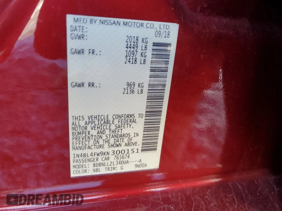 2019 Nissan Altima 2.5 Platinum with VIN 1N4BL4FW9KN300151, listed as a Copart auction lot 45049055 with 80,131 mi miles and Salvage Title. Bid and sale history available at carsss.com. Image 13.