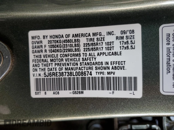 2008 Honda CR-V EX-L with VIN 5J6RE38738L008674, listed as a Copart auction lot 52817725 with 199,626 mi miles and Salvage Title. Bid and sale history available at carsss.com. Image 14.