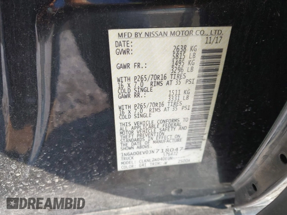 2018 Nissan Frontier SV with VIN 1N6AD0EV0JN718047, listed as a IAAI auction lot 41310302 with 103,488 mi miles and . Bid and sale history available at DreamBid. Image 9.