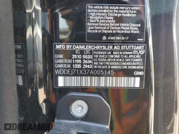2007 Mercedes-Benz CL 550 с VIN WDDEJ71X37A005145, выставлен на аукционе Copart как лот 52794305 с пробегом 104 038 миль миль и Списание • Salvage title. История ставок и продаж доступна на DreamBid. Изображение 12.