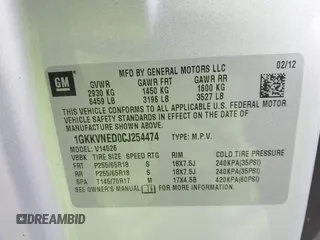 2012 GMC Acadia SL z VIN 1GKKVNED0CJ254474, wystawiony jako IAAI lot #41468998 z przebiegiem 179 862 mil mil oraz . Historia ofert i sprzedaży dostępna na DreamBid. Obrazek 9.