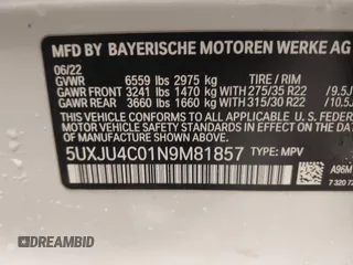 2022 BMW X5 M50i with VIN 5UXJU4C01N9M81857, listed as a IAAI auction lot 41592857 with 15,122 mi miles. Bid and sale history available at carsss.com. Image 9.