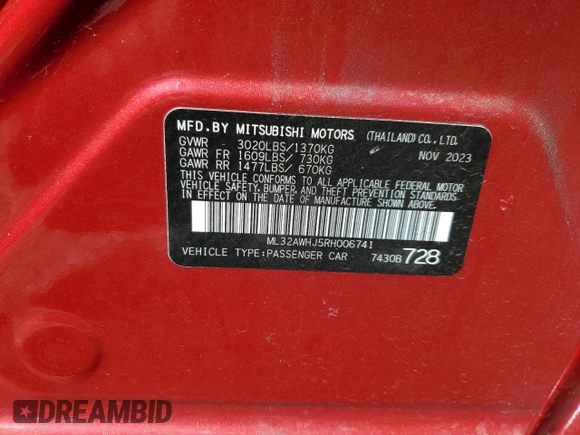 2024 Mitsubishi Mirage Black Edition with VIN ML32AWHJ5RH006741, listed as a Copart auction lot 46078985 with 9,162 mi miles and Salvage title. Bid and sale history available at DreamBid. Image 12.