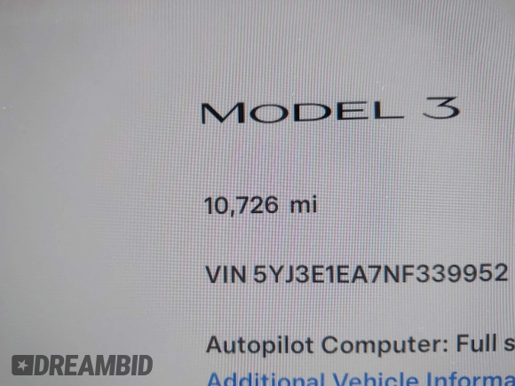 2022 Tesla Model 3 with VIN 5YJ3E1EA7NF339952, listed as a IAAI auction lot 38007332 with 10,726 mi miles. Bid and sale history available at carsss.com. Image 7.