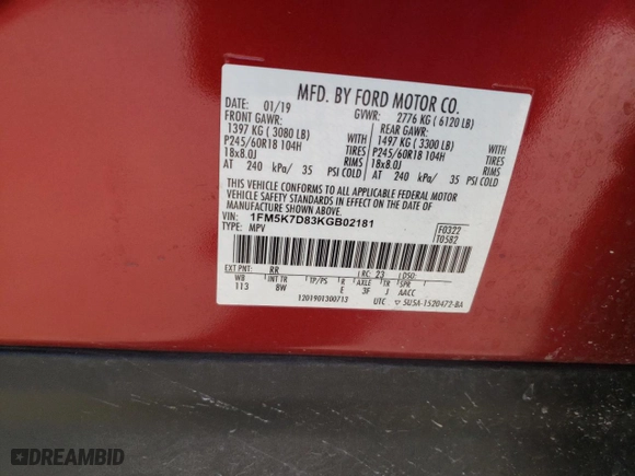 2019 Ford Explorer XLT with VIN 1FM5K7D83KGB02181, listed as a Copart auction lot 50345455 with 41,012 mi miles and Salvage Title. Bid and sale history available at carsss.com. Image 15.