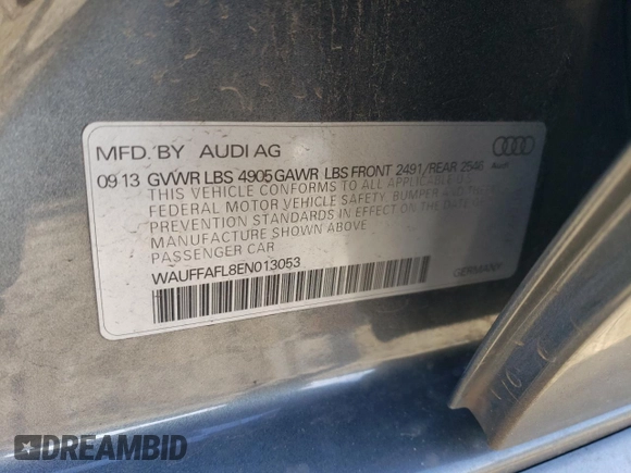 2014 Audi A4 Premium Plus with VIN WAUFFAFL8EN013053, listed as a Copart auction lot 86476864 with 0 mi miles and Salvage Title. Bid and sale history available at carsss.com. Image 13.