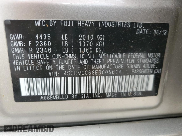 2014 Subaru Legacy Premium z VIN 4S3BMCC68E3005614, wystawiony jako Copart lot #57376495 z przebiegiem Nie podano mil oraz Szkoda całkowita • Salvage title. Historia ofert i sprzedaży dostępna na DreamBid. Obrazek 12.