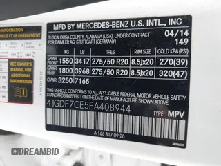 2014 Mercedes-Benz GL 450 with VIN 4JGDF7CE5EA408944, listed as a IAAI auction lot 42397384 with 182,106 mi miles and . Bid and sale history available at DreamBid. Image 9.