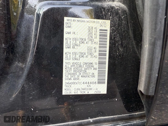 2012 Nissan Frontier Pro-4X с VIN 1N6AD0EV7CC444408, выставлен на аукционе Copart как лот 62613785 с пробегом 180 810 миль миль и Чистый • Clean title. История ставок и продаж доступна на DreamBid. Изображение 10.