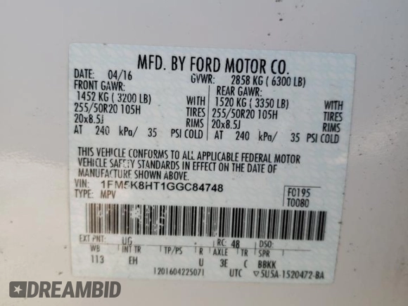 2016 Ford Explorer Platinum with VIN 1FM5K8HT1GGC84748, listed as a Copart auction lot 48681925 with 159,968 mi miles and Clean Title. Bid and sale history available at DreamBid. Image 13.