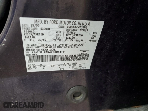 2000 Ford Excursion Limited with VIN 1FMNU43S4YEB85419, listed as a Copart auction lot 46796535 with 118,979 mi miles and Salvage title. Bid and sale history available at DreamBid. Image 13.