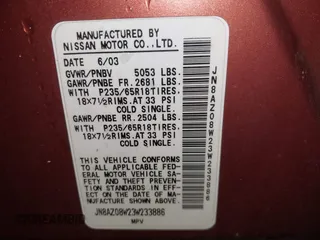 2003 Nissan Murano SL with VIN JN8AZ08W23W233886, listed as a IAAI auction lot 42000477 with 49,230 mi miles and . Bid and sale history available at DreamBid. Image 9.
