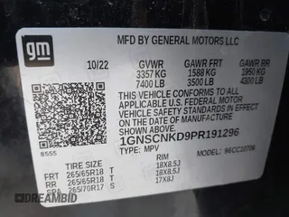 2023 Chevrolet Tahoe LT с VIN 1GNSCNKD9PR191296, выставлен на аукционе IAAI как лот 41814835 с пробегом 64 777 миль миль и . История ставок и продаж доступна на DreamBid. Изображение 9.