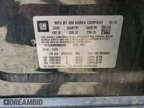 2016 Chevrolet Trax LS with VIN KL7CJNSB9GB665559, listed as a Copart auction lot 50940145 with 95,643 mi miles and Salvage Title. Bid and sale history available at carsss.com. Image 12.