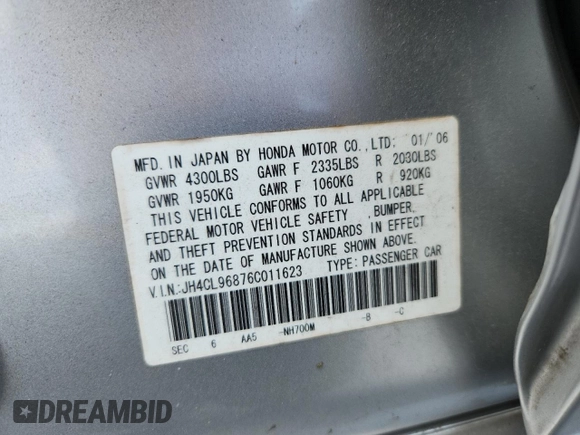 2006 Acura TSX with VIN JH4CL96876C011623, listed as a Copart auction lot 61456675 with 290,772 mi miles and Salvage title. Bid and sale history available at DreamBid. Image 13.