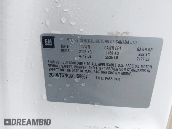 2009 Chevrolet Impala LT with VIN 2G1WT57K091158967, listed as a IAAI auction lot 42188822 with 117,827 mi miles and . Bid and sale history available at DreamBid. Image 9.
