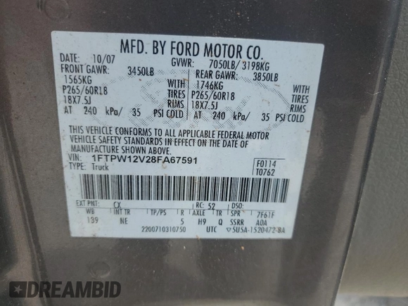 2008 Ford F-150 XLT с VIN 1FTPW12V28FA67591, выставлен на аукционе Copart как лот 57693115 с пробегом 212 275 миль миль и Списание • Salvage title. История ставок и продаж доступна на DreamBid. Изображение 12.