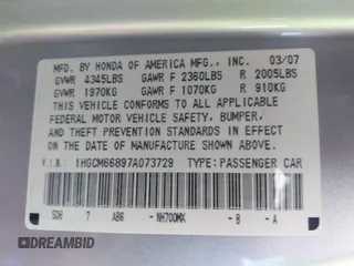2007 Honda Accord EX-L z VIN 1HGCM66897A073729, wystawiony jako IAAI lot #42308276 z przebiegiem 125 064 mil mil oraz . Historia ofert i sprzedaży dostępna na DreamBid. Obrazek 9.