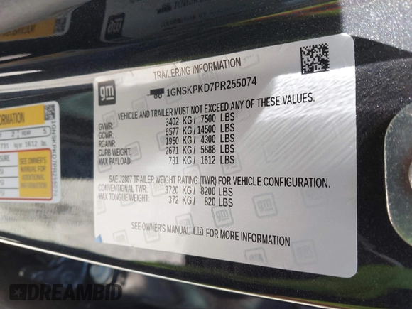 2023 Chevrolet Tahoe Z71 with VIN 1GNSKPKD7PR255074, listed as a IAAI auction lot 41891917 with 37,091 mi miles and . Bid and sale history available at DreamBid. Image 9.