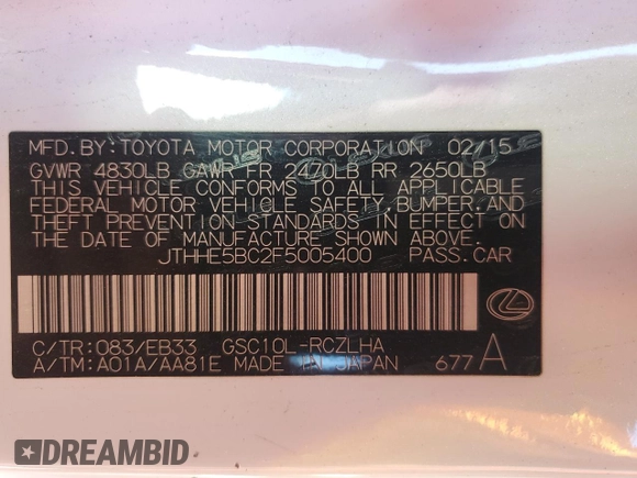 2015 Lexus RC 350 F Sport with VIN JTHHE5BC2F5005400, listed as a Copart auction lot 45763205 with 121,172 mi miles and Non Repairable. Bid and sale history available at DreamBid. Image 13.