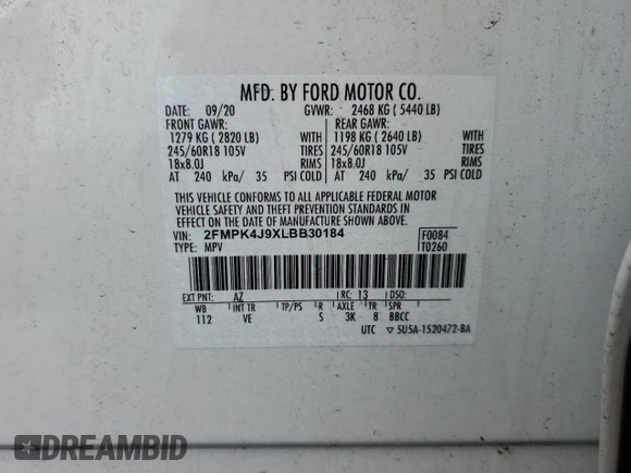 2020 Ford Edge SEL z VIN 2FMPK4J9XLBB30184, wystawiony jako Copart lot #56839925 z przebiegiem 38 563 mil mil oraz Szkoda całkowita • Salvage title. Historia ofert i sprzedaży dostępna na DreamBid. Obrazek 13.