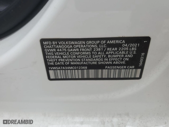 2021 Volkswagen Passat 2.0T SE with VIN 1VWSA7A34MC012368, listed as a Copart auction lot 81238444 with 74,610 mi miles and Salvage Title. Bid and sale history available at carsss.com. Image 14.