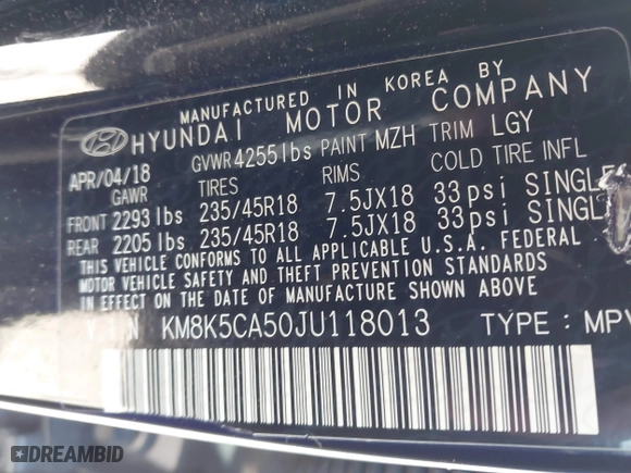 2018 Hyundai Kona Ultimate with VIN KM8K5CA50JU118013, listed as a IAAI auction lot 41863926 with 138,772 mi miles. Bid and sale history available at carsss.com. Image 9.