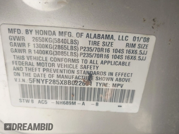 2008 Honda Pilot EX-L z VIN 5FNYF285X8B022601, wystawiony jako IAAI lot #41693222 z przebiegiem 119 753 mil mil oraz . Historia ofert i sprzedaży dostępna na DreamBid. Obrazek 9.