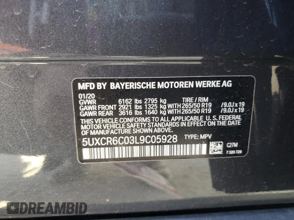 2020 BMW X5 xDrive40i with VIN 5UXCR6C03L9C05928, listed as a Copart auction lot 44262613 with 49,160 mi miles. Bid and sale history available at carsss.com. Image 12.