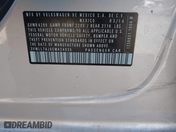 2014 Volkswagen Jetta TDI w/Premium with VIN 3VWLL7AJ6EM424935, listed as a IAAI auction lot 41533634 with 64,028 mi miles and . Bid and sale history available at DreamBid. Image 9.