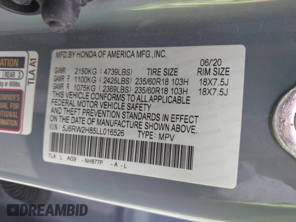 2020 Honda CR-V EX-L with VIN 5J6RW2H85LL016526, listed as a IAAI auction lot 42173069 with 93,573 mi miles and . Bid and sale history available at DreamBid. Image 9.