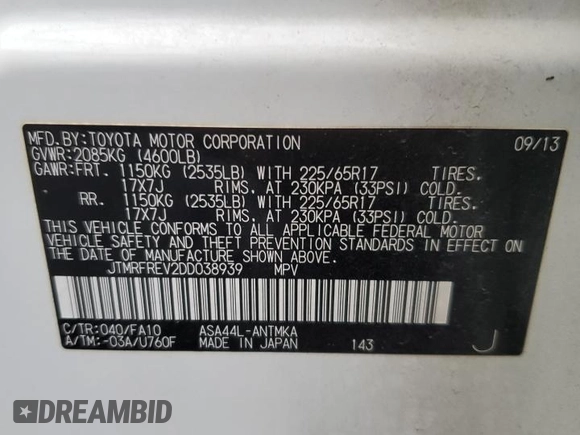 2013 Toyota RAV4 XLE with VIN JTMRFREV2DD038939, listed as a Copart auction lot 85413964 with 128,455 mi miles and Non repairable. Bid and sale history available at DreamBid. Image 14.