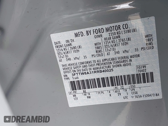2024 Ford Maverick XL с VIN 3FTTW8A31RRB40025, выставлен на аукционе IAAI как лот 42130294 с пробегом 33 134 миль миль и . История ставок и продаж доступна на DreamBid. Изображение 9.