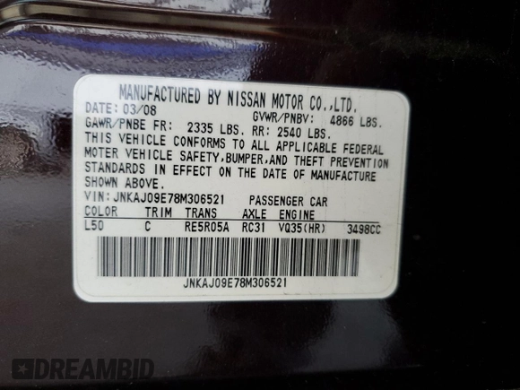 2008 Infiniti EX Journey with VIN JNKAJ09E78M306521, listed as a Copart auction lot 54073945 with 147,379 mi miles and Salvage Title. Bid and sale history available at carsss.com. Image 12.