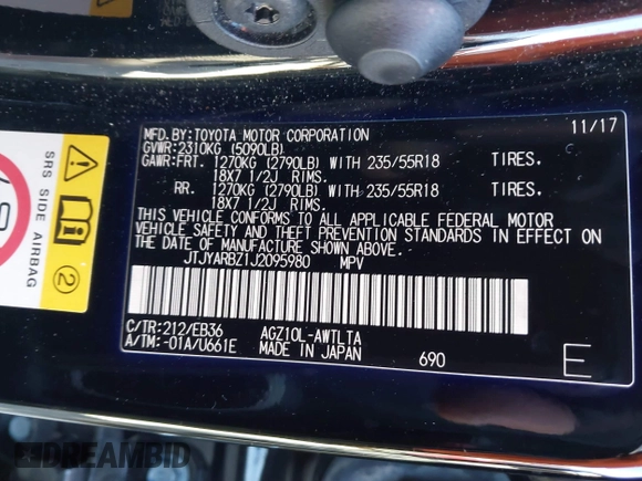 2018 Lexus NX with VIN JTJYARBZ1J2095980, listed as a IAAI auction lot 41638008 with 117,354 mi miles. Bid and sale history available at carsss.com. Image 9.