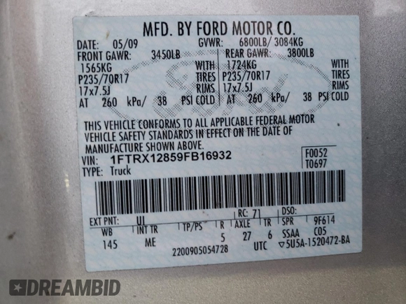 2009 Ford F-150 STX with VIN 1FTRX12859FB16932, listed as a Copart auction lot 62212774 with 365,949 mi miles and Non repairable. Bid and sale history available at DreamBid. Image 12.